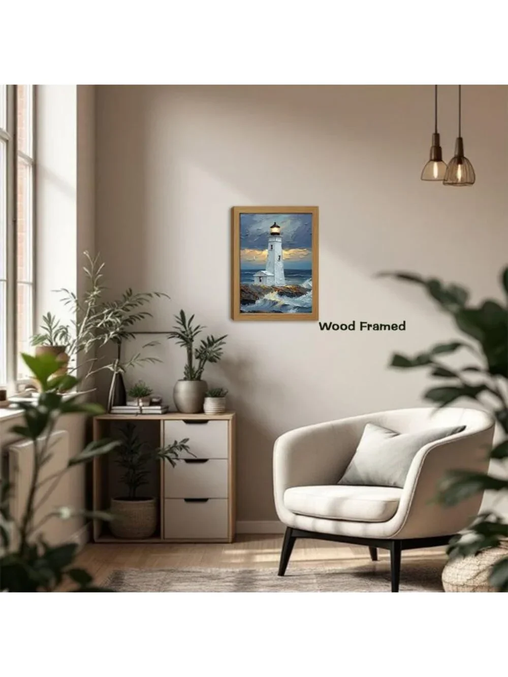 Blue Ocean Island Lighthouse Wall Art - 16x12 Framed Decor for Coastal Home